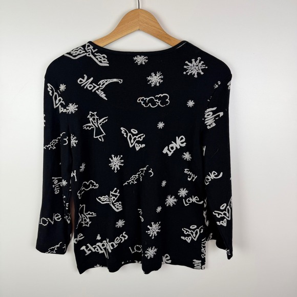 Chicos Graphic Peace Love Happiness Angel Print Top Size 1 Medium Stretch Artsy - Picture 3 of 7